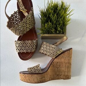 Tory Burch Gold and Brown Wedge Sandals